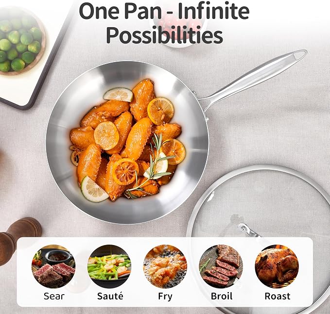 LOLYKITCH 12 Inch Stainless Steel Pan | Tri-Ply | PFOA & PTFE Free Skillet | Fast & Even Heating | Stay-Cool Detachable Handle | Dishwasher and Oven Safe | Induction Ready | For Modern Home Kitchens