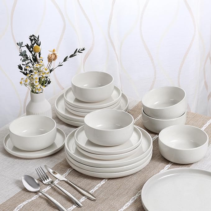 HaWare Dinnerware Sets, 18-Piece Plates and Bowls Set for 6, Milky White