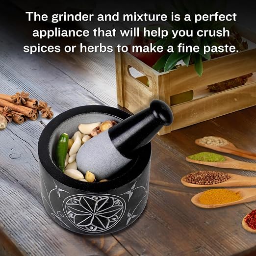 Mortar and Pestle, Made of Heavy Duty Polished Hard Stone, Natural Stone Grinder for Spices, Pastes, Herbs, Seasoning etc. (Nirvana, Normal)