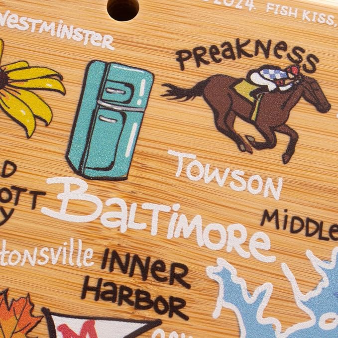 Totally Bamboo Maryland State Shaped Cutting Board, Art by Fish Kiss | State charcuterie board with colorful hand-drawn map artwork. Smooth reverse side for food prep. Hang tie for wall display.