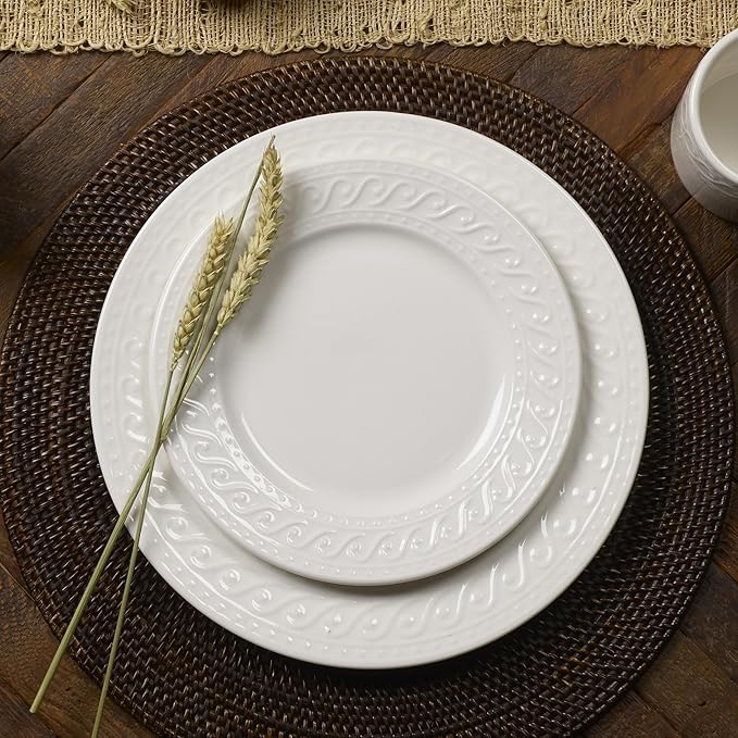 Pfaltzgraff Sylvia Dinnerware Set 32-Piece Service for 8 - White Porcelain Dinner Plates, Salad Plates, Soup Bowls and Mugs with Embossed Scrollwork