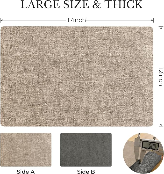 Romanstile Vinyl Placemats Set of 4, Reversible Faux Leather Heat Resistant Wipeable Table Mats, Waterproof Washable Non-Slip Table Placemats for Dining/Kitchen/Party/Outdoor (Grey Khaki, 12" x 17")