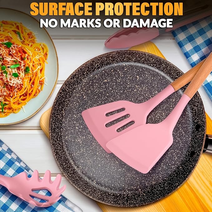 Kitchen Utensils Set with Holder for Nonstick Cookware - 12 Pcs Pink Silicone Cooking Utensils Set, Kitchen Tools for Daily Cooking - Wooden Handle Cooking Tools for Baking Serving and Mixing Tasks