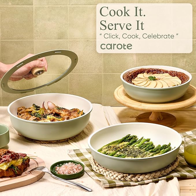 CAROTE 25pcs Pots and Pans Set Non Stick, Cookware Set Detachable Handle | Induction Compatible, Dishwasher & Oven Safe, Space Saving, Camping Cooking Set, Kitchen Set, Green