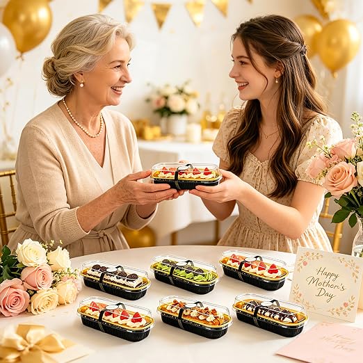 NPLUX Loaf Pans with Lids, 100 Pack Black Gold 6.8oz for Bakery Gifts | Use for tasting samples, dessert bars, fruit cups and brownies; clear top helps buyers see the finished look.