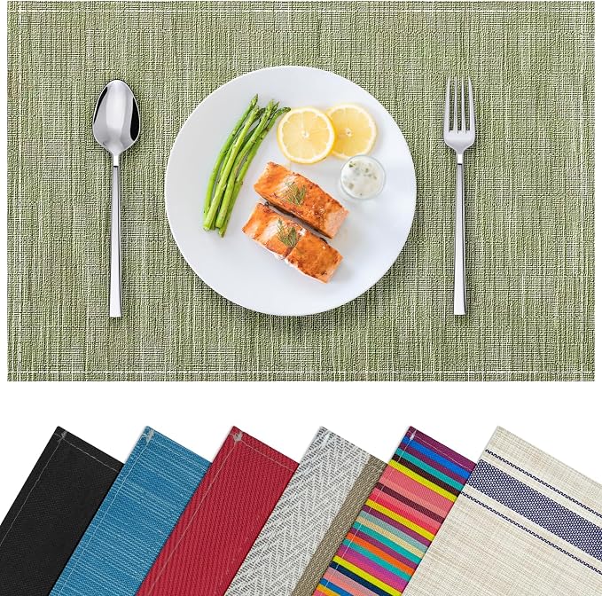 Green Placemats Set of 4, 12x18 Inch Faux Linen Table Mats | Heat Resistant and Washable Design, Easy to Clean Surface for Dining Rooms, Kitchens, Outdoor Parties and Everyday Home Decor