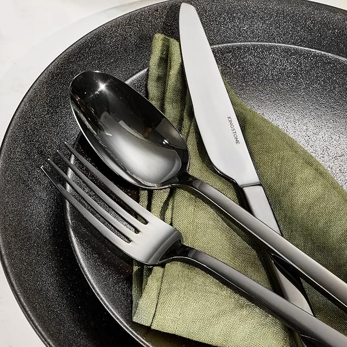 Black Silverware Set for 8, 40 Piece Flatware Set, Stainless Steel | Square Handles, Mirror Polished, Dishwasher Safe, Sturdy, for Home Kitchen, Weddings, Parties & Housewarming