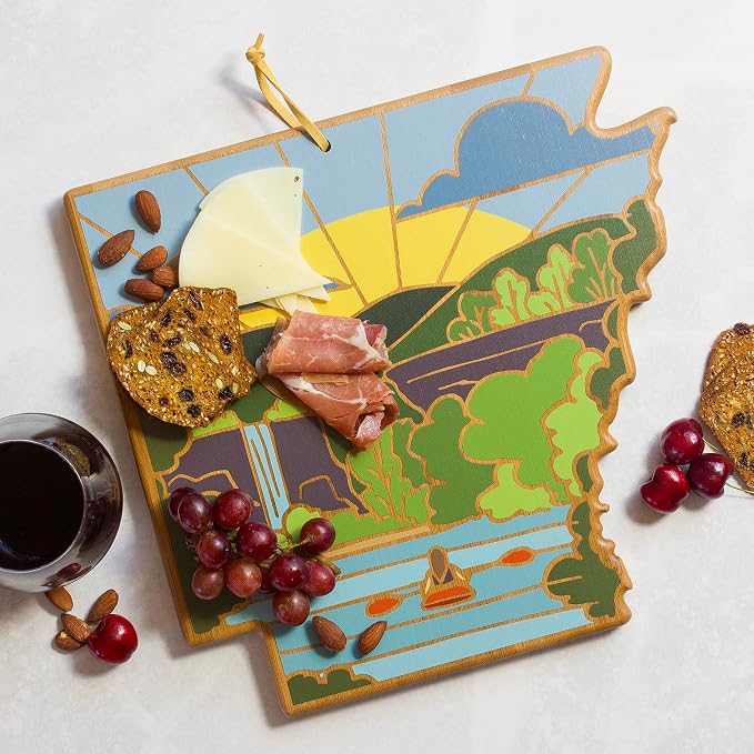Totally Bamboo Arkansas State Shaped Cutting Board, Summer Stokes Art | State charcuterie board with colorful hand-drawn landscape art. Smooth reverse side for food prep. Hang tie for wall display.