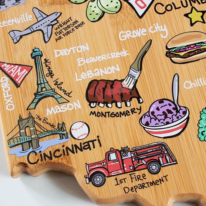 Totally Bamboo Ohio State Shaped Cutting Board, Art by Fish Kiss | State charcuterie board with colorful hand-drawn map artwork. Smooth reverse side for food prep. Hang tie for wall display.