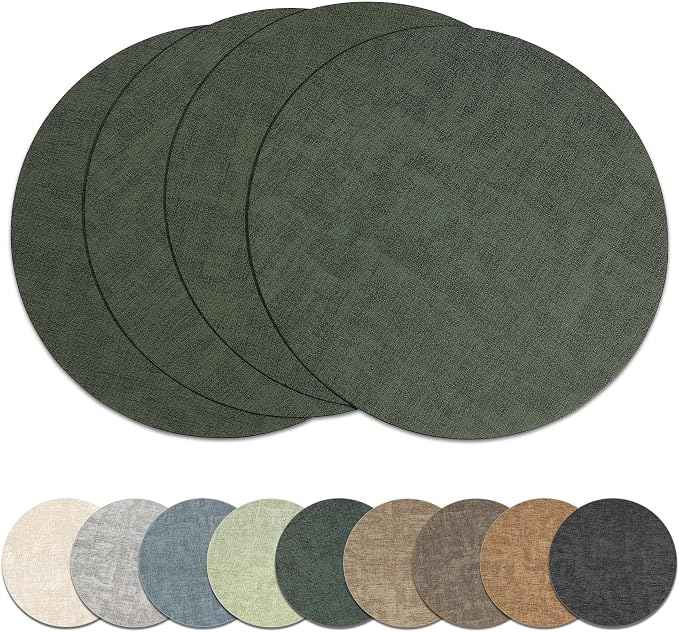 13" Round Placemats Set of 4, Reversible Faux Leather Wipeable Table Mats | 2mm Vinyl Heat Resistant, Waterproof Oilproof Scratch Proof Non-Slip, Washable for Kitchen Dining Indoor Outdoor (Dark Green)