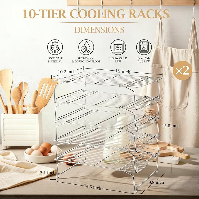 LIANYU 5-Tier Stackable Cooling Rack for Cooking & Baking, 10"x15", 2 Pack | Stainless Steel Collapsible Cooling Rack for Cookies, Cakes, Baking Wire Racks Fits Jelly Roll Pan, Oven & Dishwasher Safe