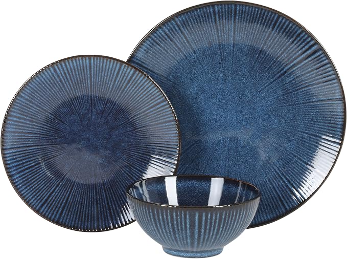 Gibson Elite Midnight Lune Plates and Bowls Sets, 12-Piece Stoneware Dinnerware Sets, Reactive Glaze Dish Set - Blue