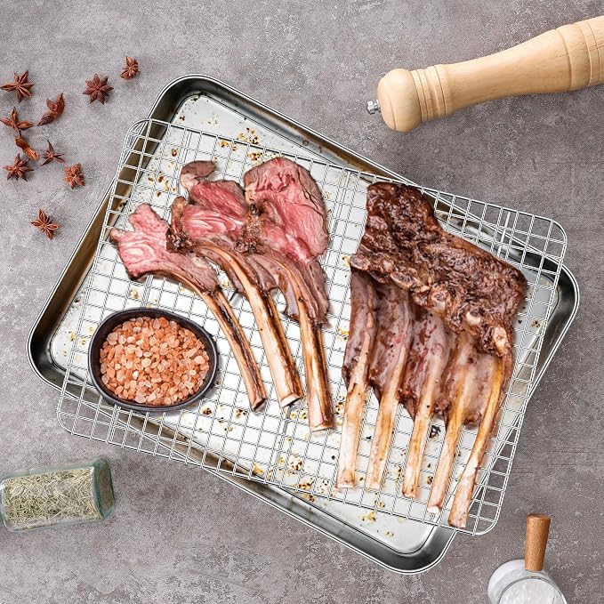 Homikit Baking Sheet with Wire Rack Set (1 Pan+1 Cooling Rack), 16" x 12" | Stainless Steel Jelly Roll Pan with Grid Cooling Rack, Nonstick Baking Cookie Bacon Tray for Oven Cooking, Dishwasher Safe