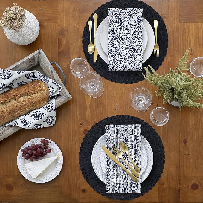 SHACOS Round Placemats Set of 4 Boho Braided Border 15 inch Circle Place Mats Washable Fabric Table Mats for Kitchen Dining Table, Black