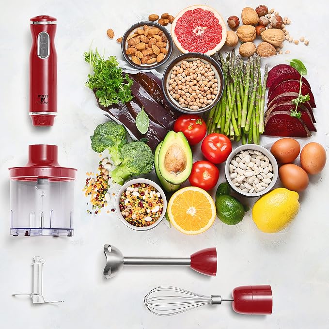 Moss & Stone Electric Hand Blender Set, 300W Immersion Hand Blender with Whisk and Chopper, Stainless Steel Shaft and Blades, 2-Speed Handheld Mixer with Ergonomic Grip, Red