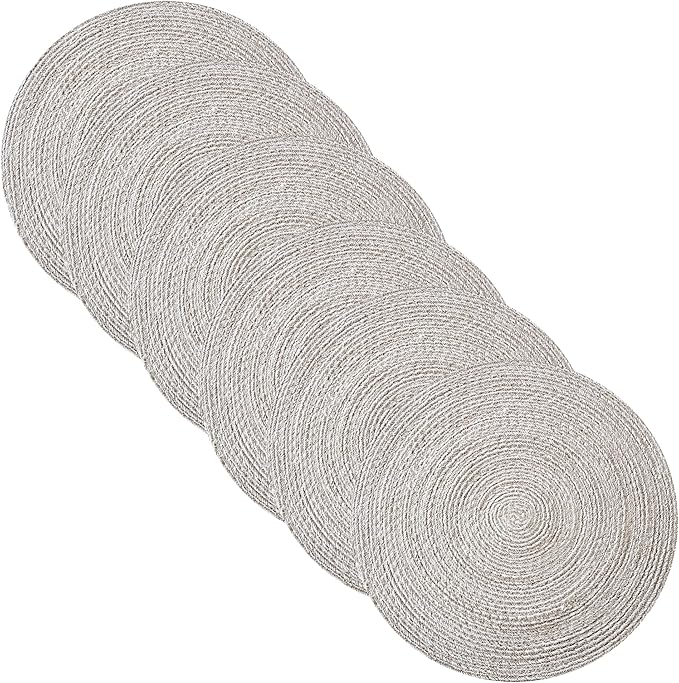 Round Placemats Set of 6-100% Cotton Two-Tone Placemat for Dining Table - Woven Braided Table Setting Place Mat - Washable Table Decor for Kitchen, Farmhouse, Rustic, Everyday Use, Gray
