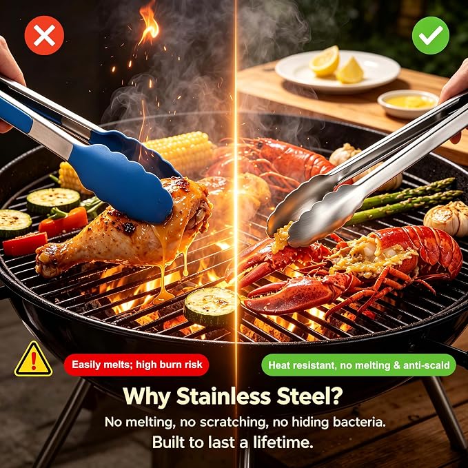 Stainless Steel Cooking Tong Set - 12" & 9" Locking Kitchen Tongs | Heat Resistant to 600 Degrees, Food Grade Kitchen Metal Tong for Food, Salad, & BBQ - Dishwasher Safe