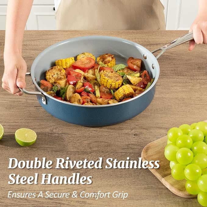 Nonstick Sauté Pan with Lid 5 QT Deep Frying Pan with Stainless Steel Helper Handle 12 inch Large Skillet Ceramic Jumbo Cooker for Healthy Cooking, Induction Compatible Cookware, PFOA Free