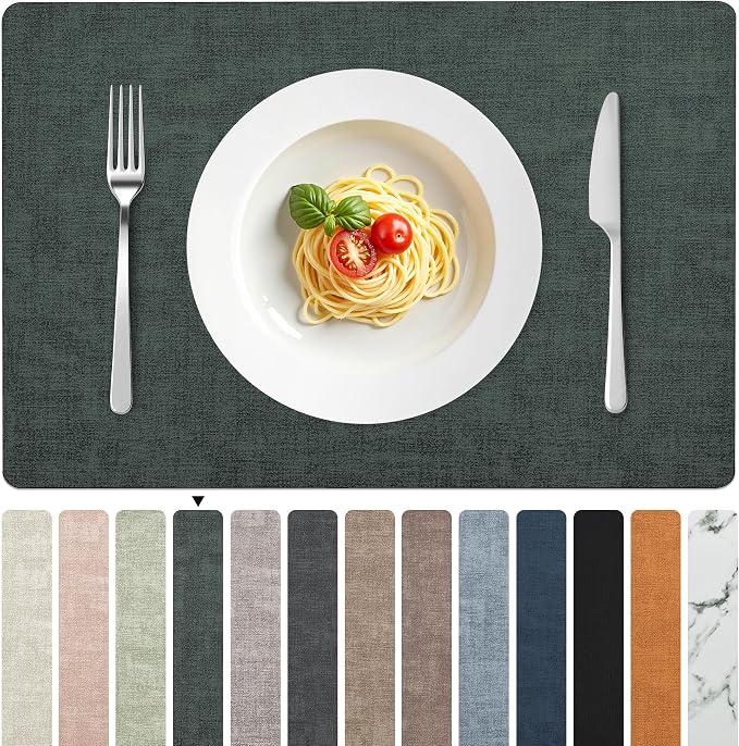 FROMHEART Faux Leather PU Placemats Set of 8 (Dark Green,11.8" x 17") | Waterproof,Heat/Oil Stain-Resistant Table Mat–Reversible,Non-Slip,Easy to Clean Place Mats for Kitchen,Dining,Indoor/Outdoor