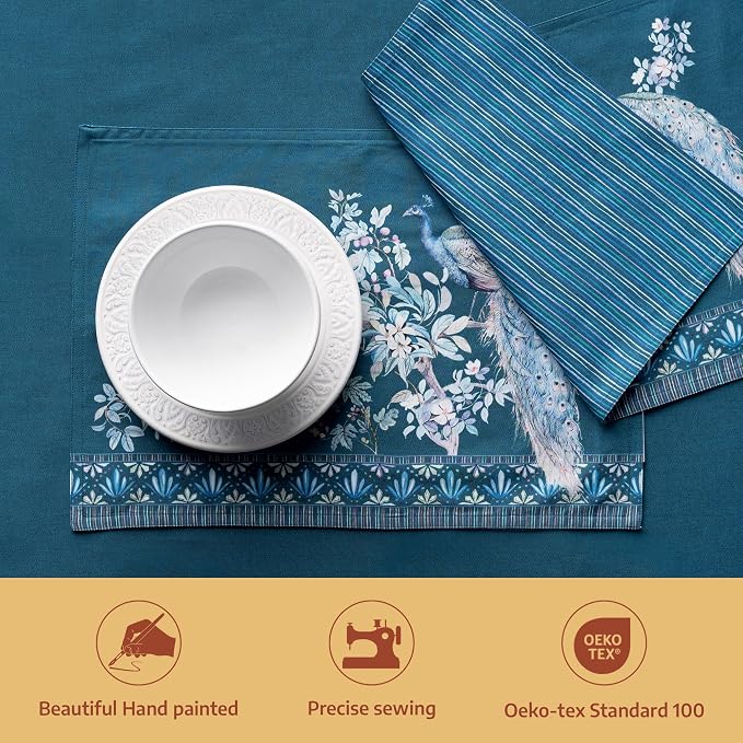 Maison d' Hermine Placemats Set of 4 Reusable 100% Combed Cotton (13"x19") | Cloth Place Mats Washable Table Mats for Kitchen Dining Party Home Restaurant Spring Summer - Peacock Utopia - Deep Sea