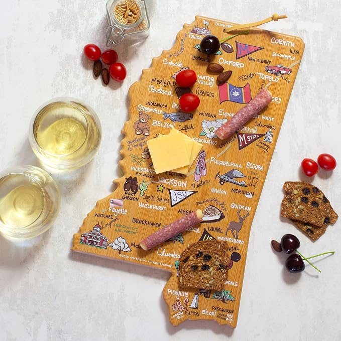 Totally Bamboo Mississippi State Shaped Cutting Board, Art by Fish Kiss | State charcuterie board with colorful hand-drawn map artwork. Smooth reverse side for food prep. Hang tie for wall display.