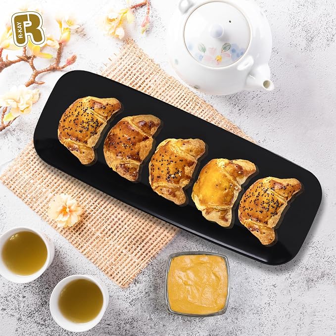 R-kay 4 Pack Plastic Serving Trays for Party - Black Serving Tray 17 by 6.5 in - Heavy Duty Dessert Trays for Food - Rectangular Party Serving Trays - Premium Party Trays - Black Platters