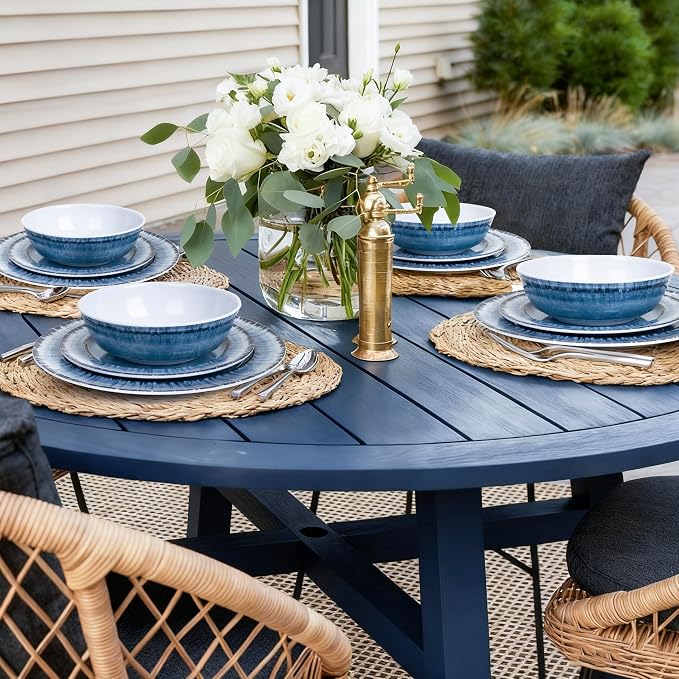 Melamine Dinnerware Set of 12 Pcs Dinner Dishes Set for Indoor and Outdoor Use, Dishwasher Safe, Lightweight Unbreakable, Navy Blue