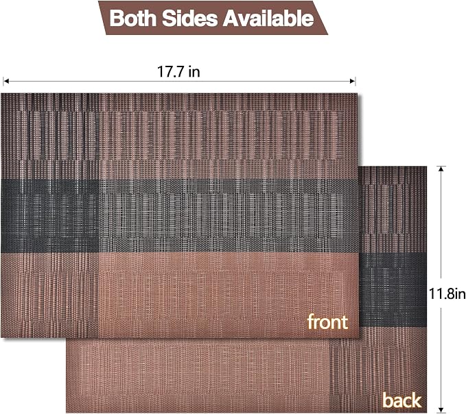 SLKQG Brown Placemats Set of 6 - Easy Clean Modern Durable Washable Vinyl Place Mats - Heat Resistant Placemats for Kitchen Table - PVC Table Mats for Dining Table (Brown Black, 6)