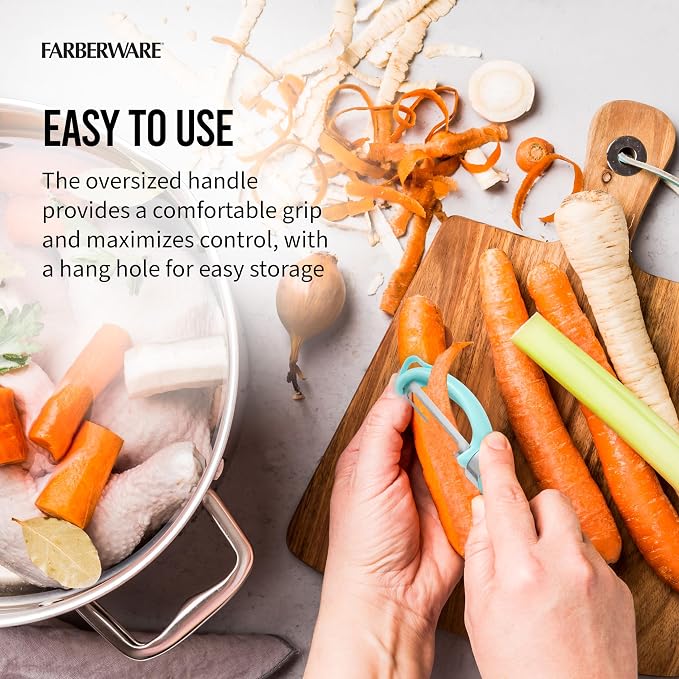 Farberware Vegetable Peeler, Pro2 Euro Peeler with Sharp Stainless Steel Swivel Blade and Ergonomic Handle, Dishwasher Safe, Aqua Sky