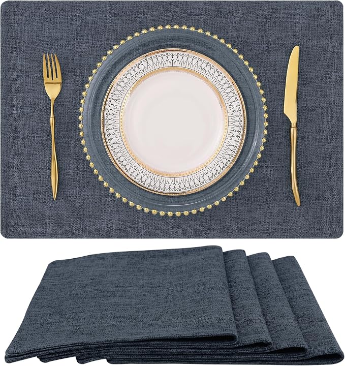 Faux Cotton Linen Placemats Set of 4, Cloth Washable Farmhouse Dining Table Mats for Indoors & Outdoors, Easy to Clean, Charcoal, 13 x 19 Inch