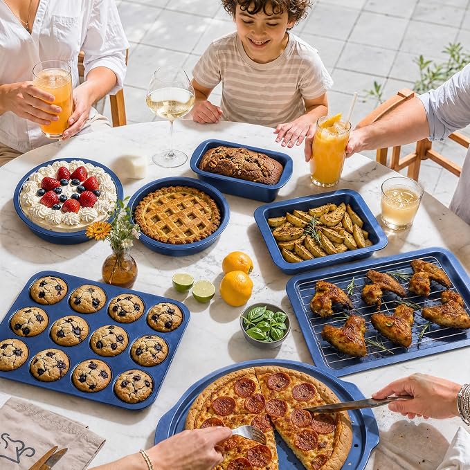 Bakeware Sets, Baking Pans Set, Nonstick Oven Pan for Kitchen with Wider Grips, 10-Piece Including Rack, Cookie Sheet, Cake Pans, Loaf Pan, Muffin Pan, Pizza Pan - Blue