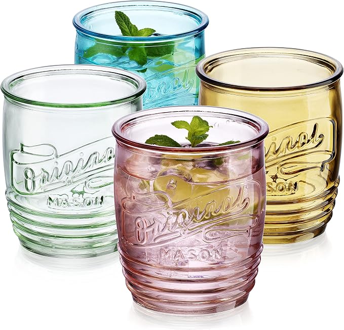 Glaver's Set Of 4 Original Mason Collins Glasses Assorted Colored Drinking Glasses For Juice Smoothies Cocktails Fine Beverage Glass Cups HAND WASH(Original Mason Whiskey Colored 13 OZ.)