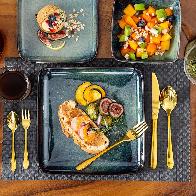 vancasso Stern Dinnerware Sets for 4, 16 Piece Stoneware Plates and Bowls Set, Square Reactive Glaze Ceramic Dish Set with Dinner Plates, Salad Plates, Cereal Bowls and Pasta Bowls, Green