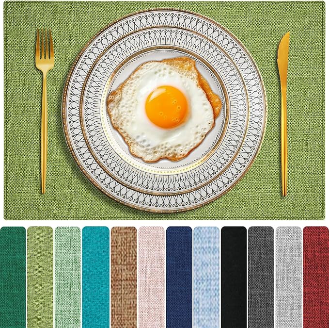 Cloth Placemats Set of 6, Cotton Linen Blend Place Mats, Grass Green | Machine Washable, Double Layered, Heat Resistant, Fabric Dining Table Mats for Kitchen, Indoor & Outdoor, 13" x 19"