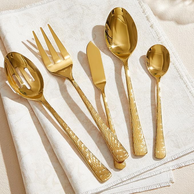 65 Piece Gold Silverware Set with Serving Utensils, 18/10 Stainless Steel | Hammered Ripple Handles, Serving Utensils, Dishwasher Safe, Rust Resistant, for Weddings, Parties & Holiday Dinners