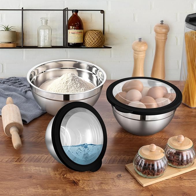 LIANYU Mixing Bowls Sets of 3, Stainless Steel Metal Bowl for Kitchen | Large and Small Size 4.6 & 3 & 1.5QT, Nesting and Stackable, Include Airtight Lids, Dishwasher & Freezer Safe, Black