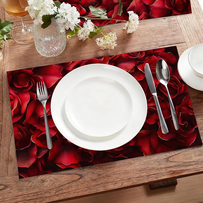 Red Rose Flower Fabric Placemats,Vintage Floral Table Placemats Set of 6 Cloth Place Mats, Washable Heat-Resistant Table Mats for Home Kitchen Dining Room Decoration 11.8x17.7 Inch