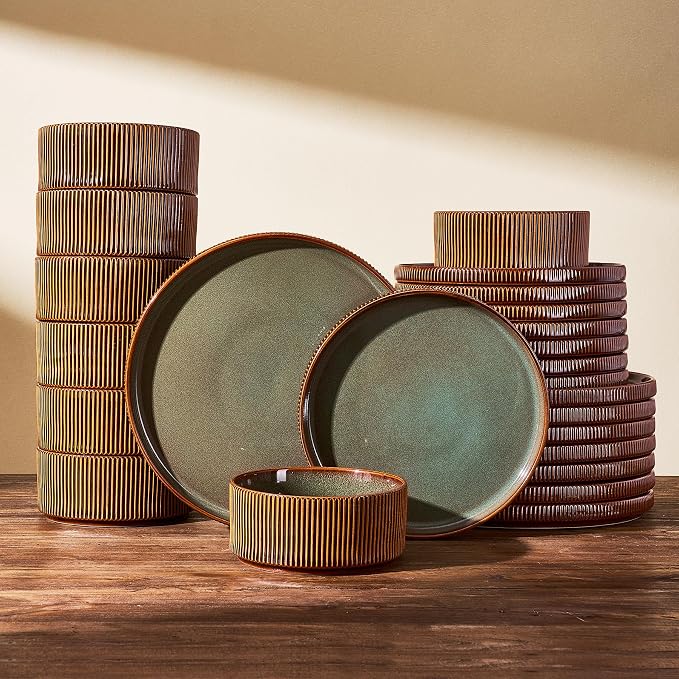 Stoneware Dinnerware Sets, Reactive Glaze Dishes Set for 8 | 24-Piece Handmade Ceramic Plates and Bowls, Microwave & Dishwasher Safe, Chip & Scratch Resistant, Modern Rustic, Green Brown