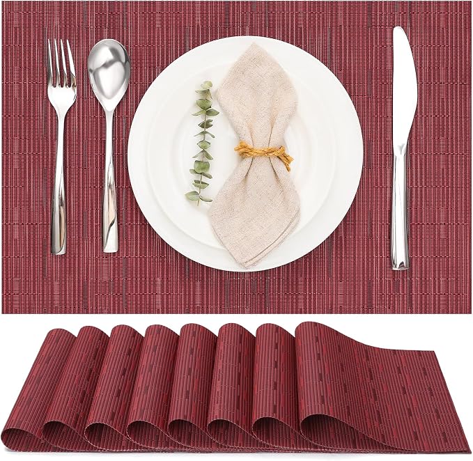 Myir JUN Placemats Set of 8 Kitchen and Dining Table Placemats | Vinyl Placemats Place Mats Indoor/Outdoor Set of 8 Washable Table Mats Non-Slip Place mats for Dining Table, Red