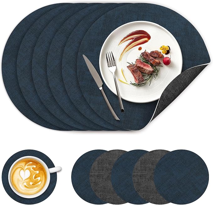 NCUE 13" Faux Leather Round Placemats Set of 6, Reversible Dual-Color | With 3.9" Coasters, 2 mm Vinyl Table Mats, Waterproof Wipeable Heat Resistant, Non-Slip Texture, for Dinner Party Home Decor
