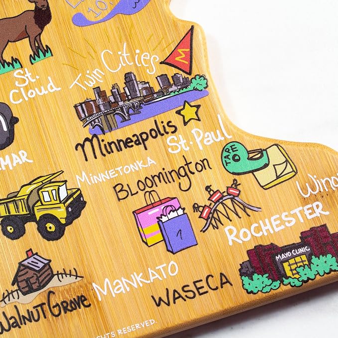 Totally Bamboo Minnesota State Shaped Cutting Board, Art by Fish Kiss | State charcuterie board with colorful hand-drawn map artwork. Smooth reverse side for food prep. Hang tie for wall display.
