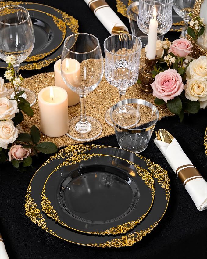 Nervure 175Pcs Black Plastic Plates, Disposable Party Plates for 25 Guests | 25 7.5" Dessert & 25 10.25" Dinner Plastic Plates, 75 Gold Cutlery, 25 9oz Cups, 25 Napkin for Wedding, Party & Retirement