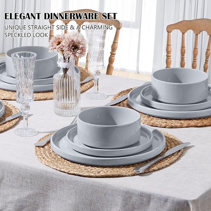 E-far Stoneware Dinnerware Sets, 12-Piece Plates and Bowls Set for 4, Gray | Kitchen Modern Dishes Dining Ware, Chip and Scratch Resistant, Microwave & Dishwasher Safe, Speckled Gray
