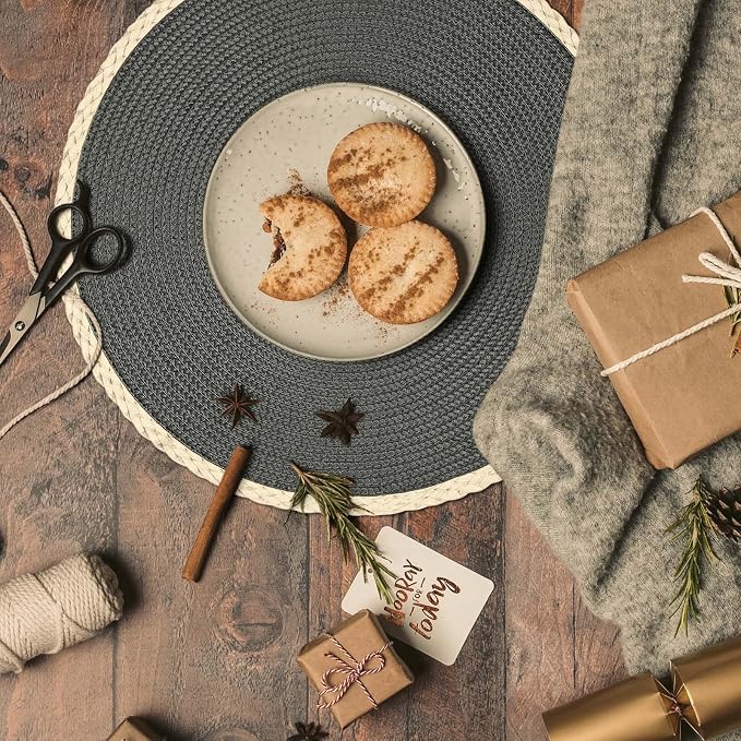 Round Placemats Set of 6, Woven Table Mats, Thin Edge, Charcoal Grey | Braided Paper Edge, 15 Inch Diameter, Fits Dinner Plate and Flatware, Wipeable, Heat Resistant, Indoor Dining, Outdoor Patio