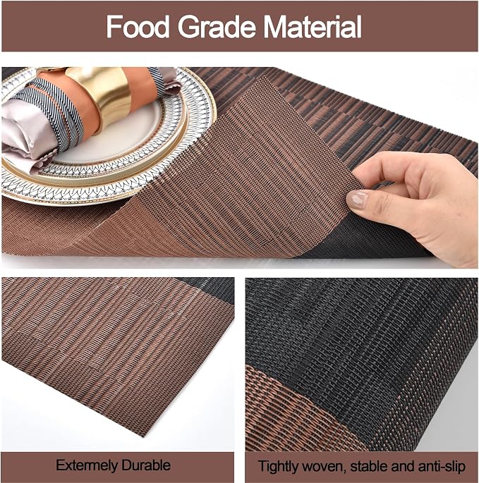 SLKQG Brown Placemats Set of 6 - Easy Clean Modern Durable Washable Vinyl Place Mats - Heat Resistant Placemats for Kitchen Table - PVC Table Mats for Dining Table (Brown Black, 6)