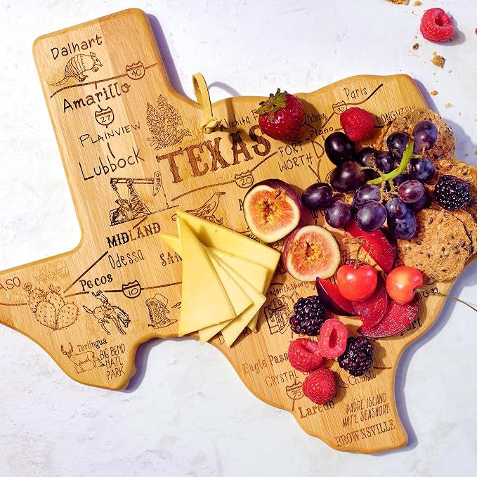 Totally Bamboo Destination Texas State Shaped Cutting Board | State charcuterie serving board with engraved map artwork. Smooth reverse side for food prep. Hang tie for wall display.