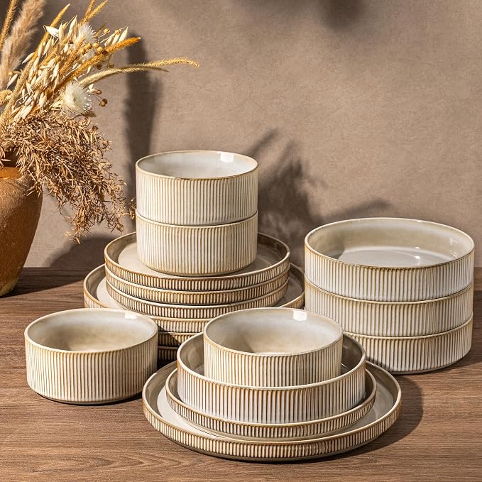 GBHOME Stoneware Dinnerware Sets for 4,16-Piece Plates and Bowls Set | Handmade Reactive Glaze Ceramic Dish Set, Scratch Resistant, Dishwasher&Microwave Safe,Cappuccino