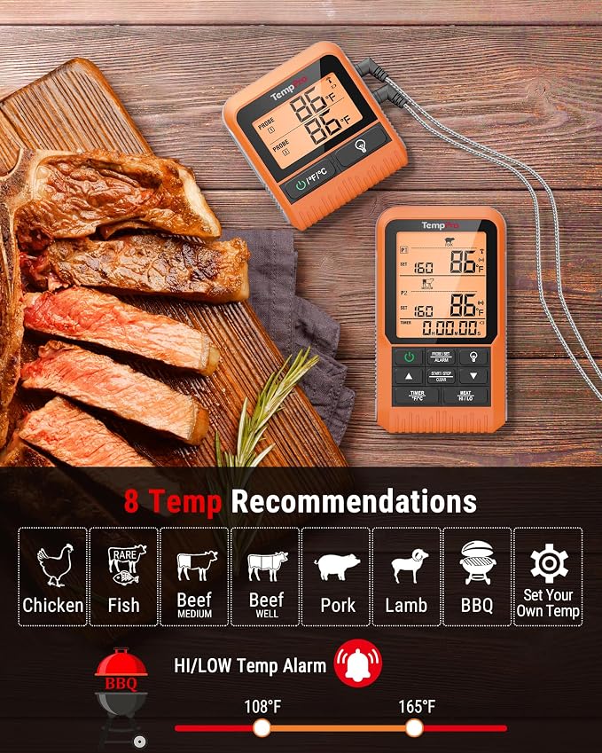 TempPro TempSync 500FT Wireless Meat Thermometer for Grilling and Smoking | RF Technology, 2 Probes, Alarms, Backlit LCD Display, Smoker BBQ Kitchen Food Thermometer for Cooking Tools & Utensils Gift