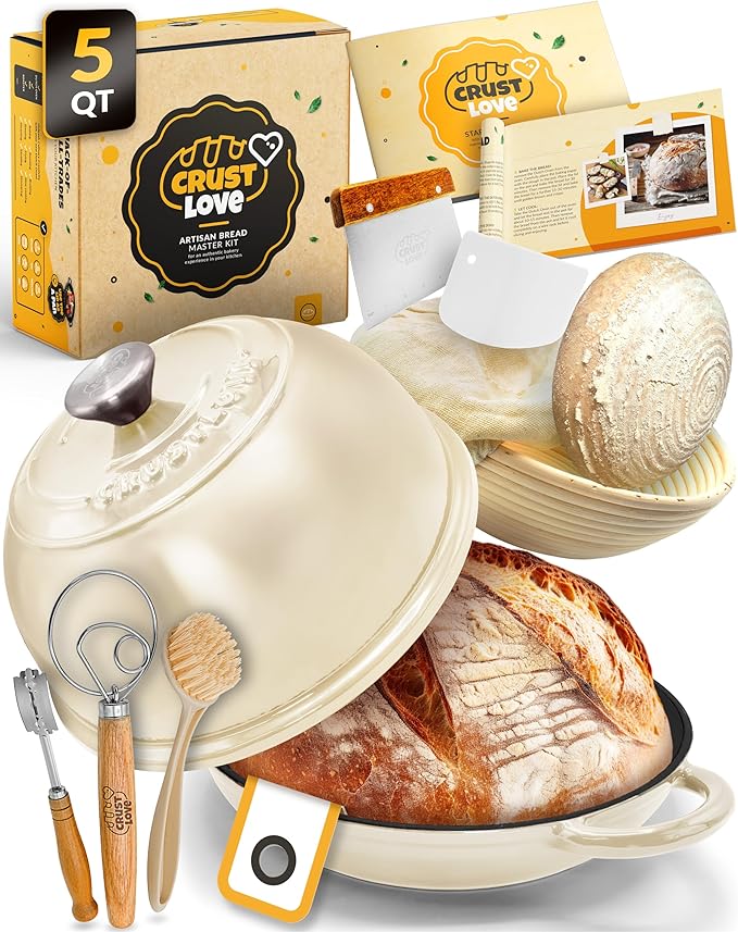 5 QT Enameled Dutch Oven for Bread Baking with Lid & Starter Kit | Dutch Oven for Sourdough Bread Baking, Enameled Cast Iron, Banneton, Bread Sling, Lame, Dough Whisk & Step-by-Step Guide