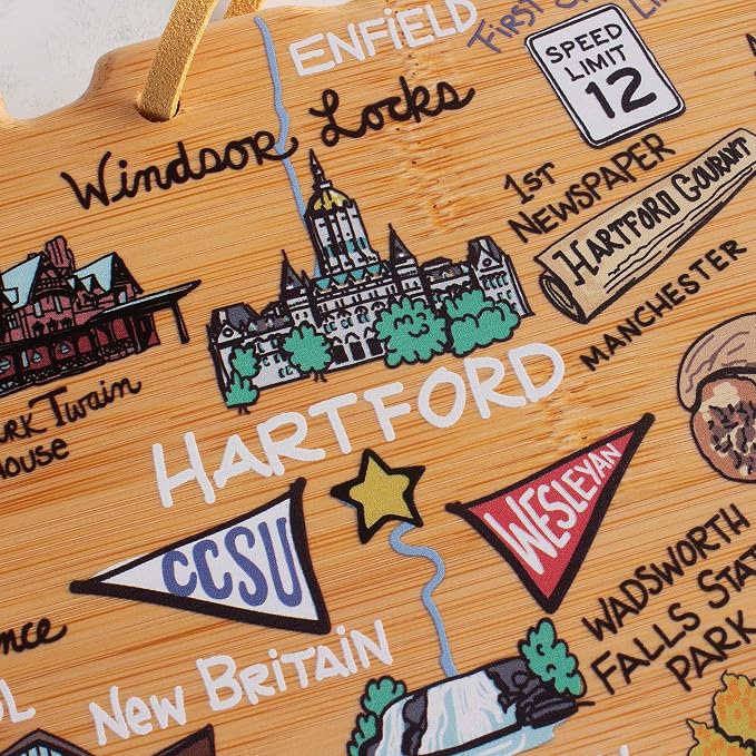 Totally Bamboo Connecticut State Shaped Cutting Board, Art by Fish Kiss | State charcuterie board with colorful hand-drawn map artwork. Smooth reverse side for food prep. Hang tie for wall display.